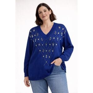 Cervelle Blue Embellished Sweater Holiday NYE Elegant Party Womens Large